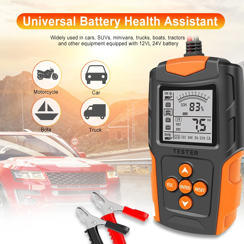 DM 12V 24V Tester batteria per auto LCD arancione analizzatore caricatore strumento diagnostico Gel AGM WET CA SLA Batterie CCA IR SOH misurazione