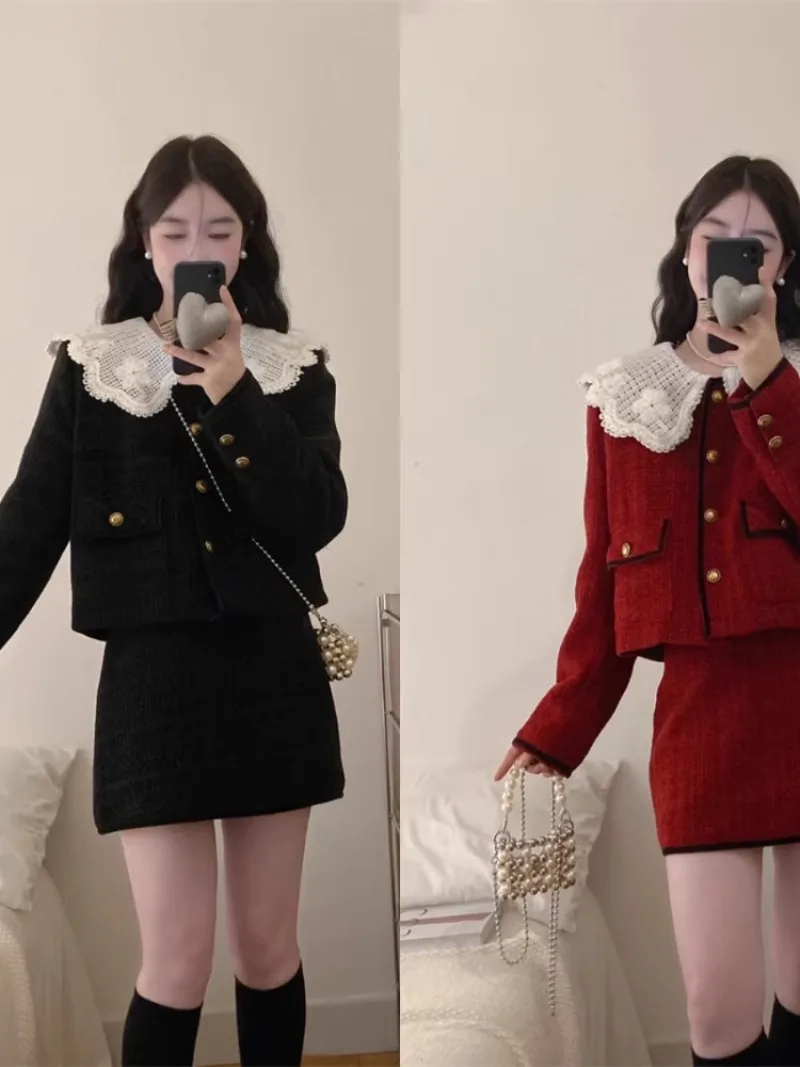 Sweet Doll Neck Jacket Skirt Two-piece Set Women Lace Patchwork Single Breasted Temperament Celebrity Slim Chic Spring Lady Suit