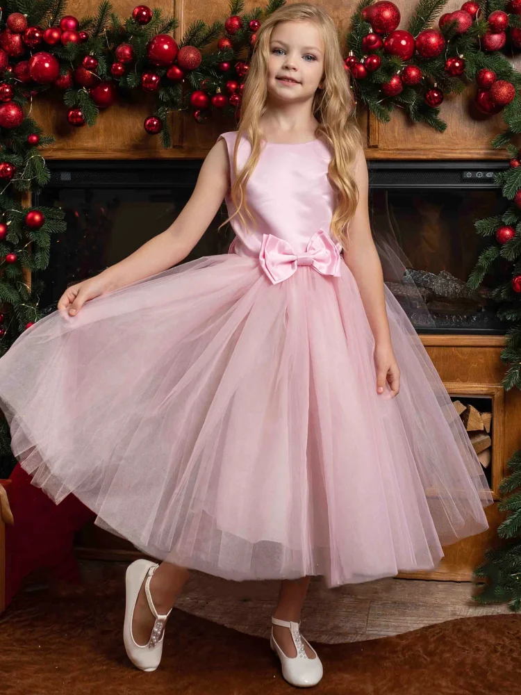 Pink Flower Girl Dresses Satin Tulle With Bow Sleeveless For Wedding Birthday Party Banquet Princess Gowns