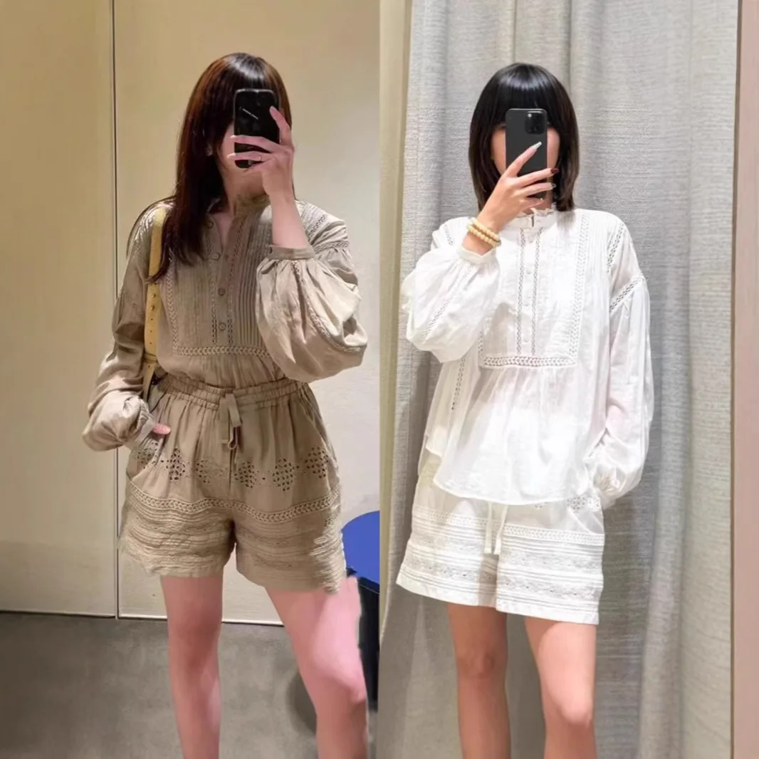 

2025 Isabels Marants Fashion Shirt Summer Sweet Ageing Embroidery Hollow Lace Standing Collar Pleated Loose Long Sleeve T-Shirt