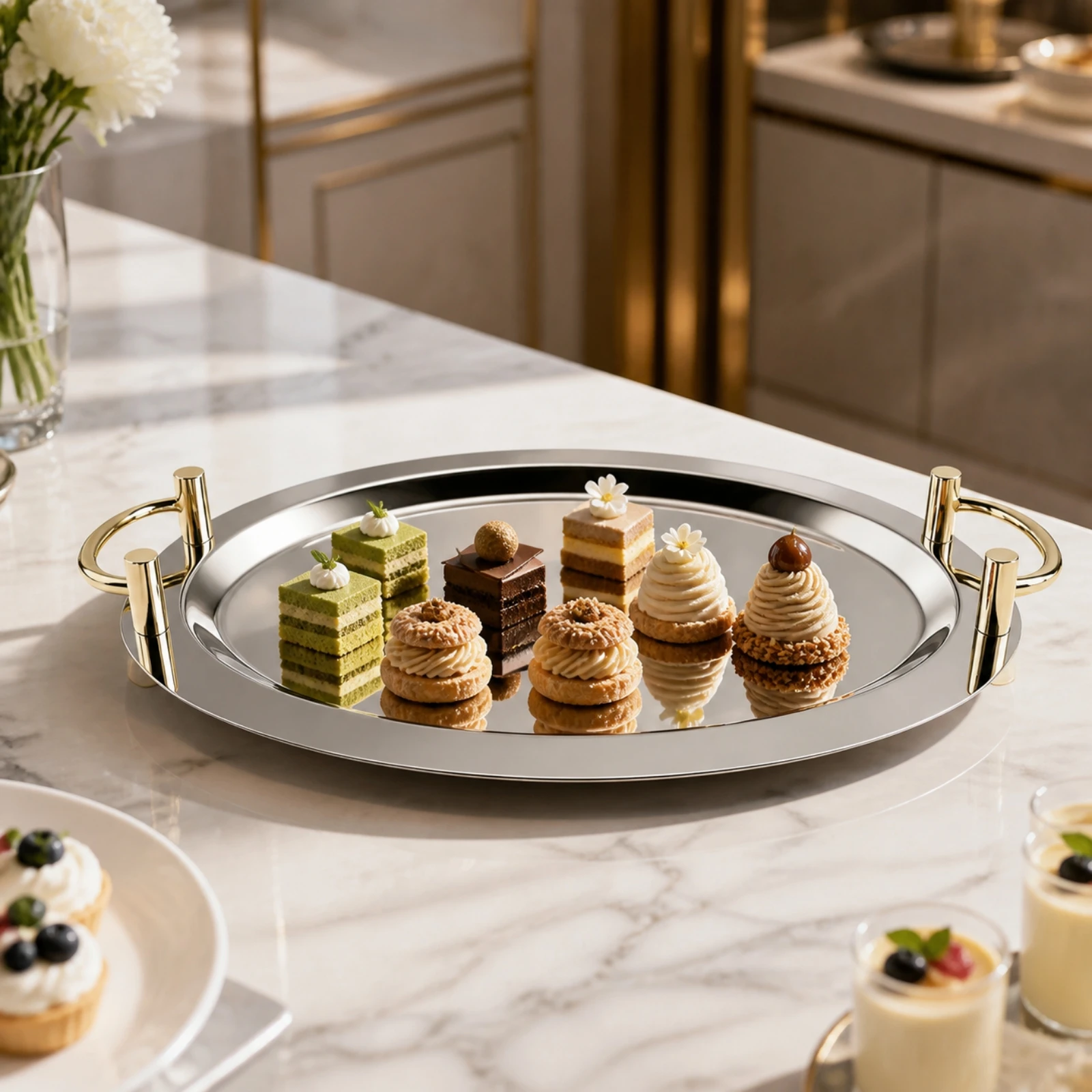 Platter Flat Mirror-Polished Serving Tray with Gold Handles Shallow Oval Stainless Steel Tray Elegant for Restaurants