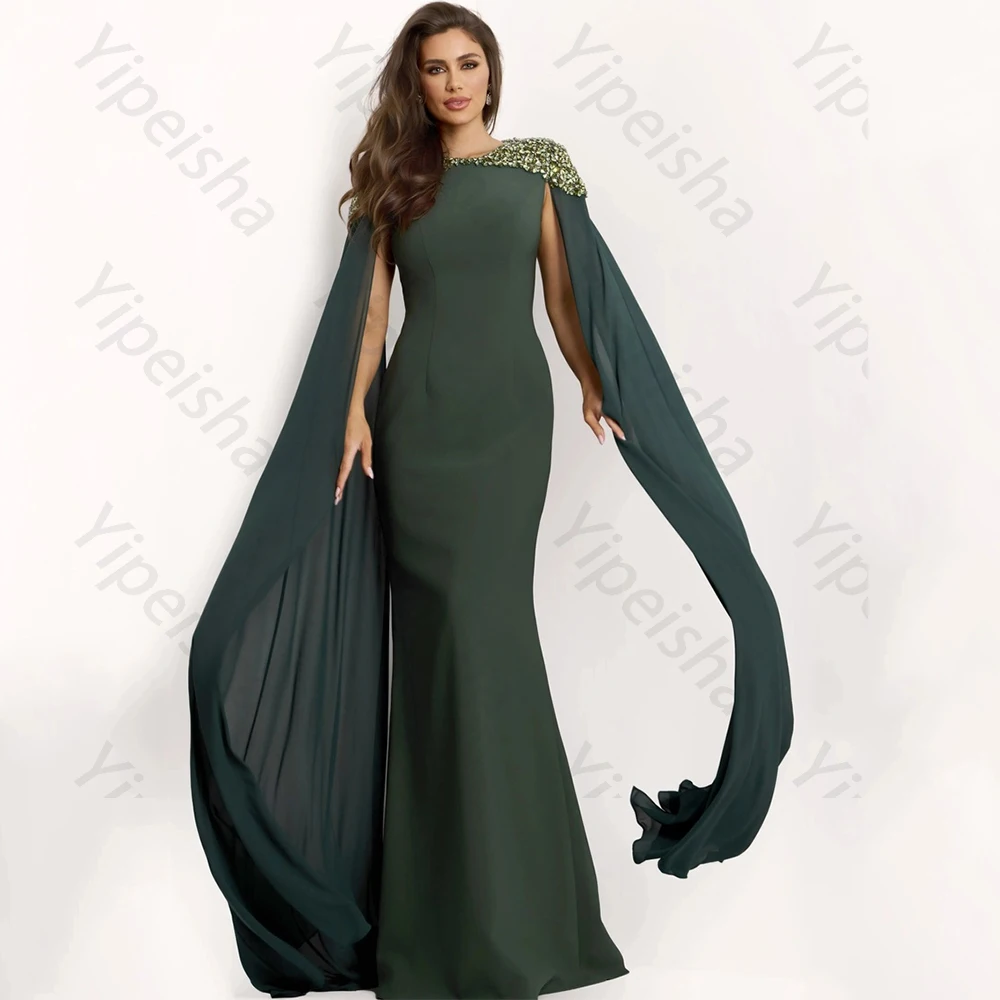 Vestidos de Noche verdes de alta calidad Jersey para hasta el suelo cuello redondo Watteau tren listones vestido de graduación sirena cristal personalizado