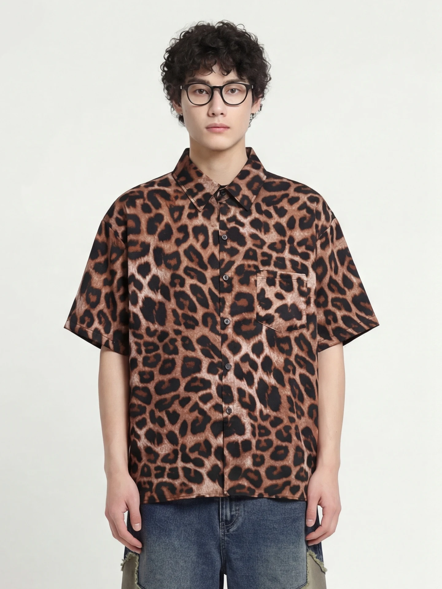 

Свободная повседневная рубашка с леопардовым принтом из дышащего полиэстера для весенне-осеннего сезона, уличная одежда