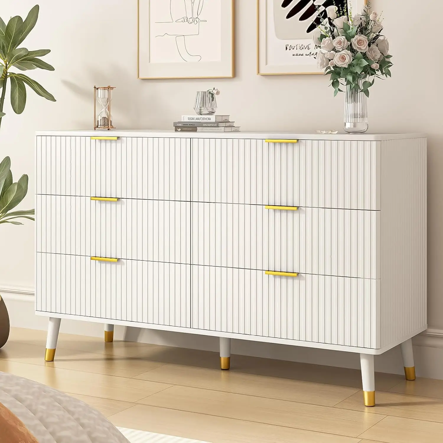 White Fluted 6 Drawer Bedroom and Living Room Dresser with Gold Metal Handles