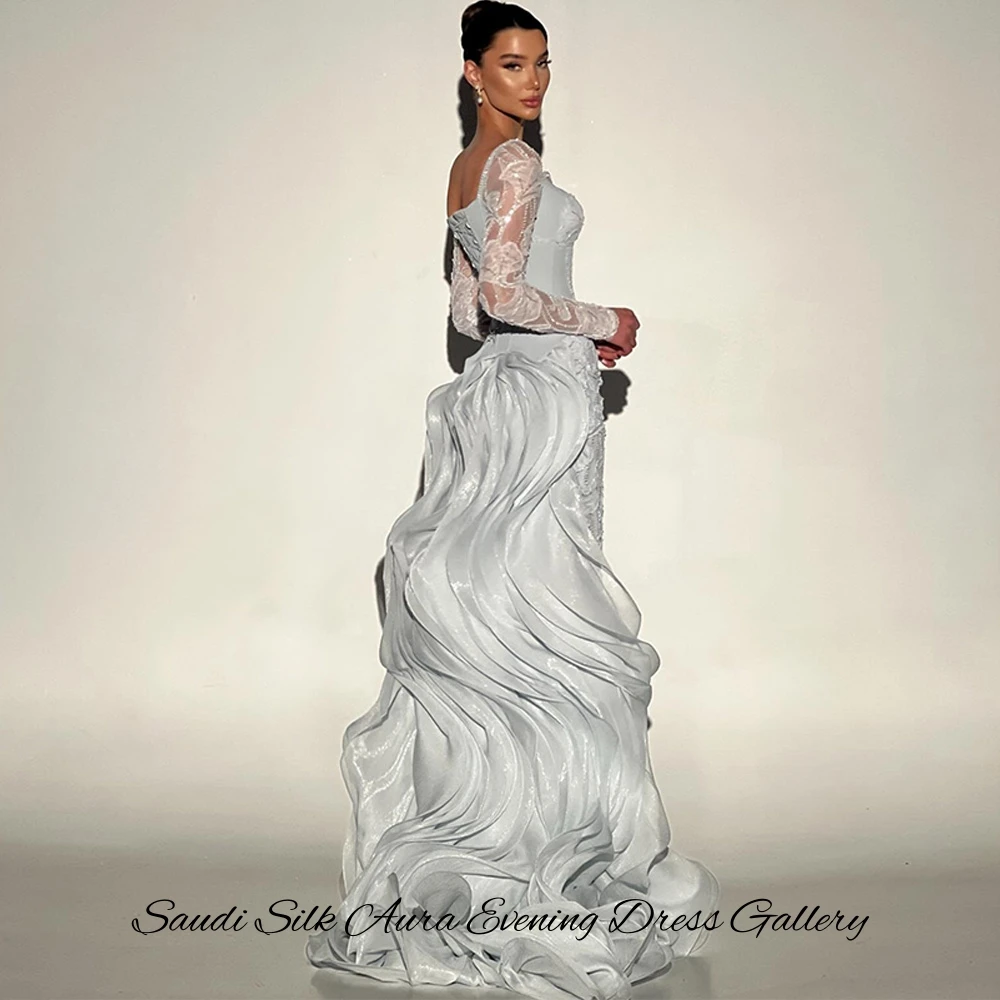 Abendkleid mit quadratischem Kragen und langen Ärmeln, elegantes Meerjungfrauen-Spitzenkleid, maßgeschneidertes Ballkleid, zarte Rüschen, Organza, Vestido De Festa