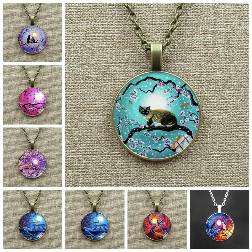 Cute Cat Under The Night Sky Glass Cabochon Necklace Pendant Jewelry Cat on The Flower Tree Charm Chain Necklace Gift for Women