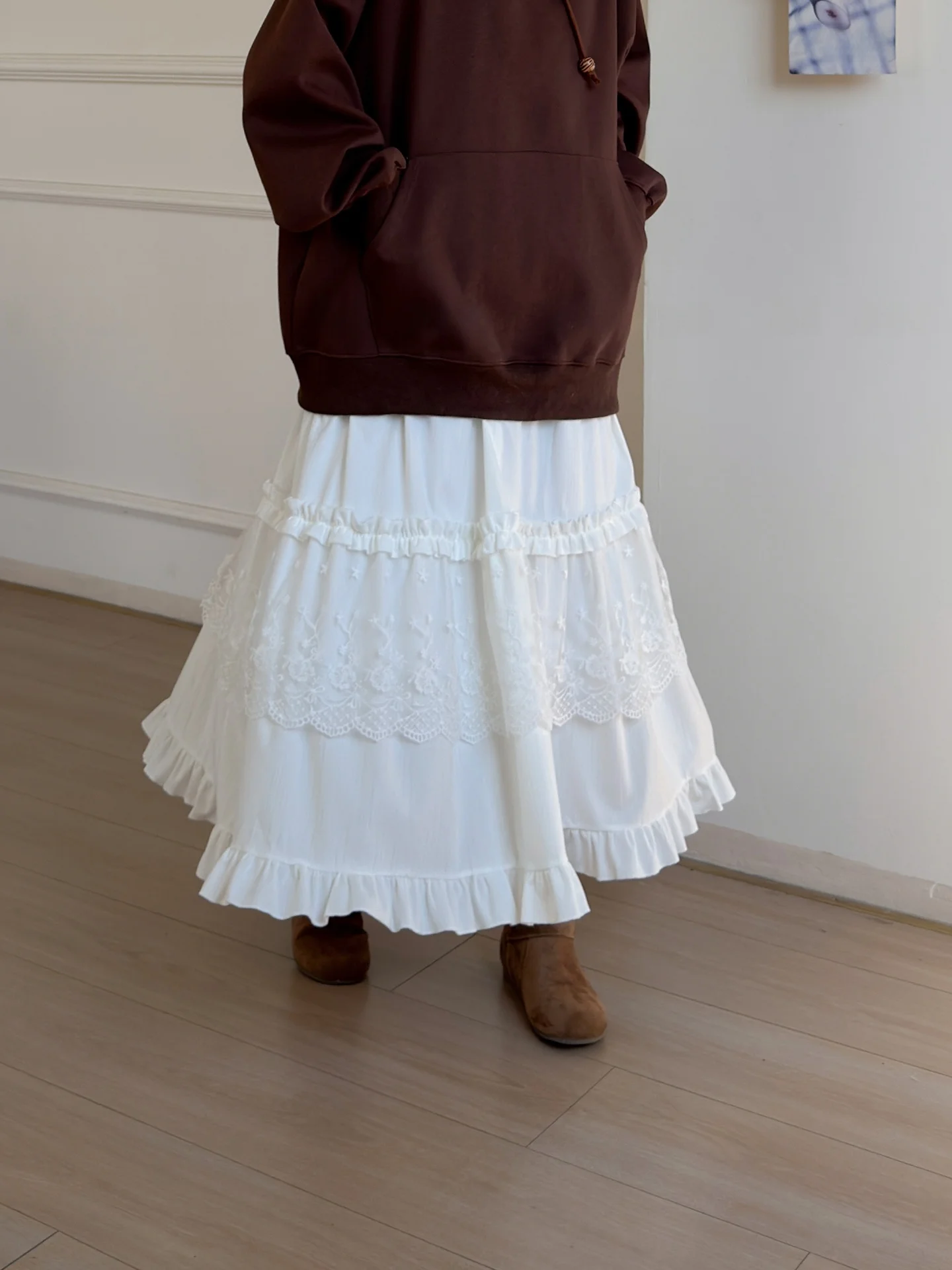 

Белая кружевная юбка-кейк с вставками, женская, с завышенной талией, А-силуэт, облегающая, средней длины, нежная многослойная юбка, милая юбка