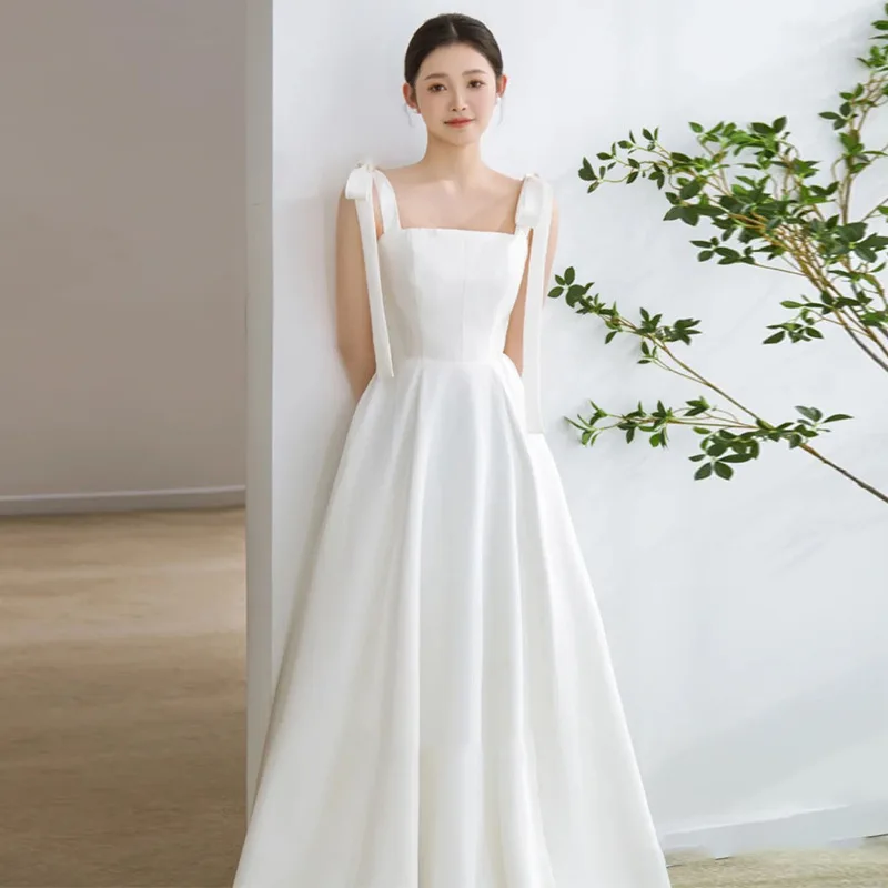 White Simple Wedding Dresses Satin Bow Square Collar A-Line Korea 웨딩드레스 Off The Shoulder Party Elegant Bride Dress Customized