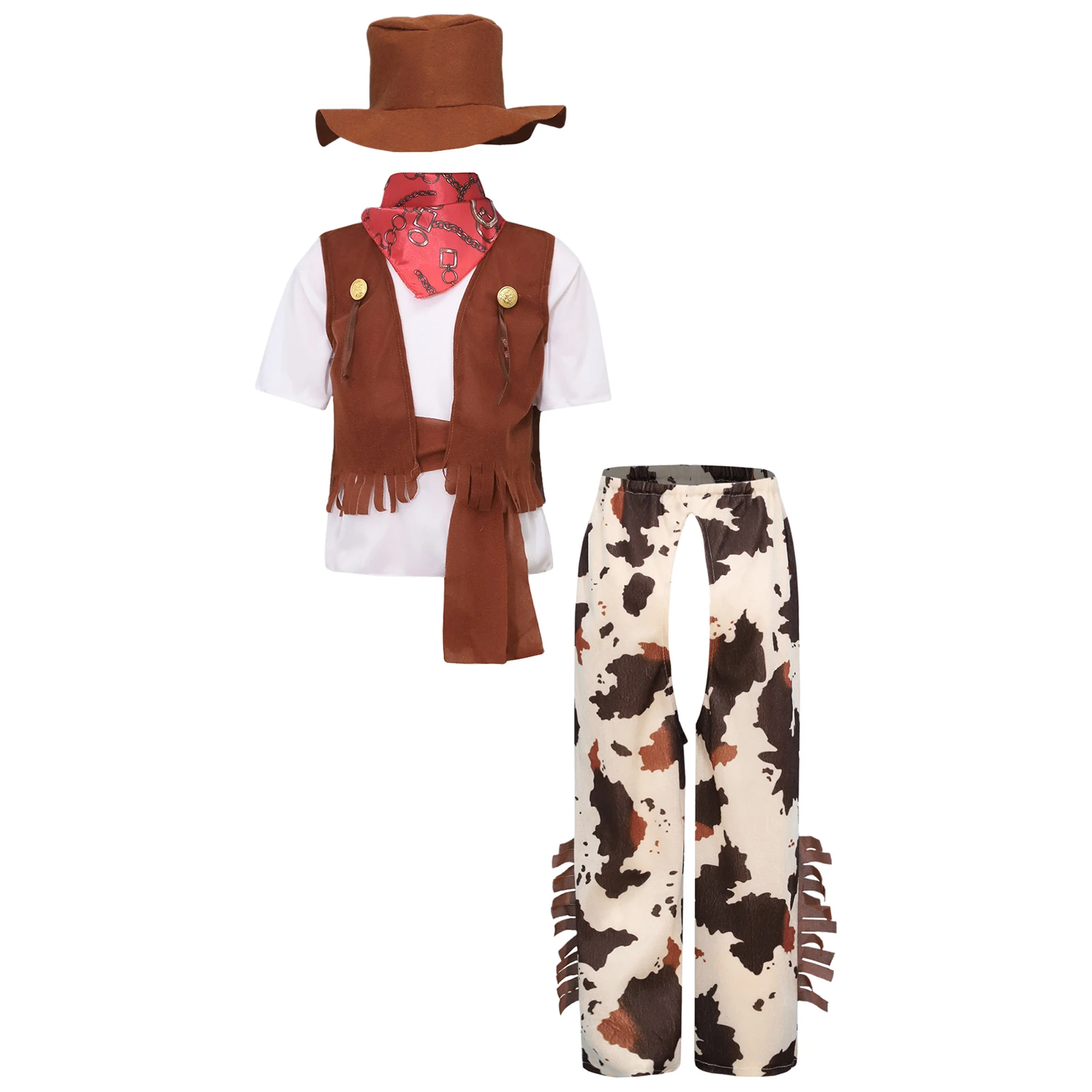 Costume de Cosplay Western Cowboy pour Garçons, T-shirt à Manches Courtes avec Pantalon, GlaHat, Ceinture Bandana, Ensemble pour ixà Thème, Carnaval, Halloween