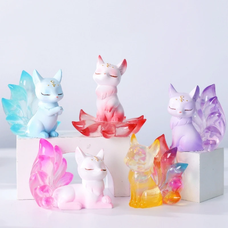 Nine Tailed Fox Series Blind Box Anime Figure Kawaii Desktop Ornament Colorful Fox Mystery Box Girls Decoration Surprise Gifts