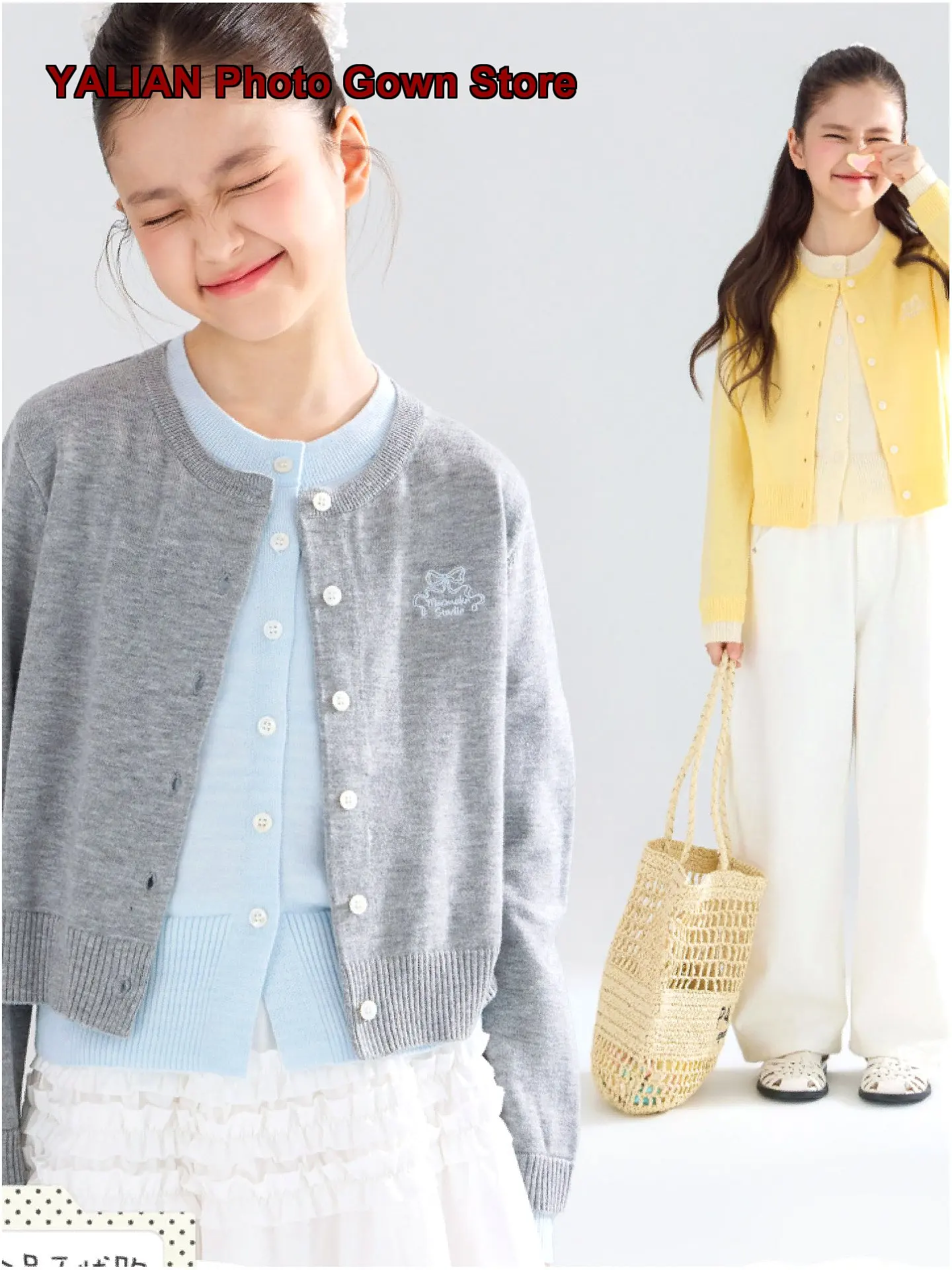 Girls Two-Piece Look Knit Cardigan Kids Early Autumn Wool Blend Bow Tie Design Casual Streetwear