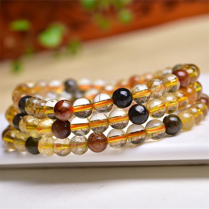 Natural Colored Rutilated Quartz Triple Circle Bracelet Crystal Jewelry Stretch Children Birthday Gift 1pcs 4/6MM