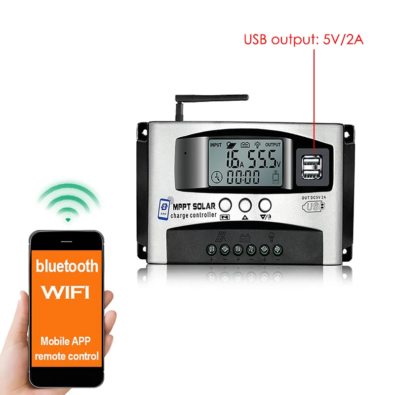 12V/24V/36V/48V/60V Bluetooth Wifi MPPT Solar Charge Controller LCD Display Dual USB Mobile APP Remote Photovoltaic Controller