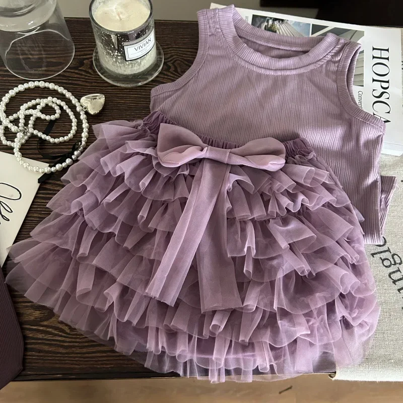 

2025 New Summer Girls Purple Vest Baby Girl Foreign Style Tutu Cake Skirt Two-piece Set Korean Children's Clothing