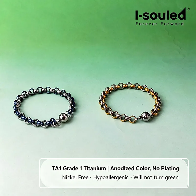 Unisex TA1 Grade 1 Pure Titanium Rolo Bracelet Push Pin Clasp Hypoallergenic Anodized Blue Gold EDC Stackable Jewelry
