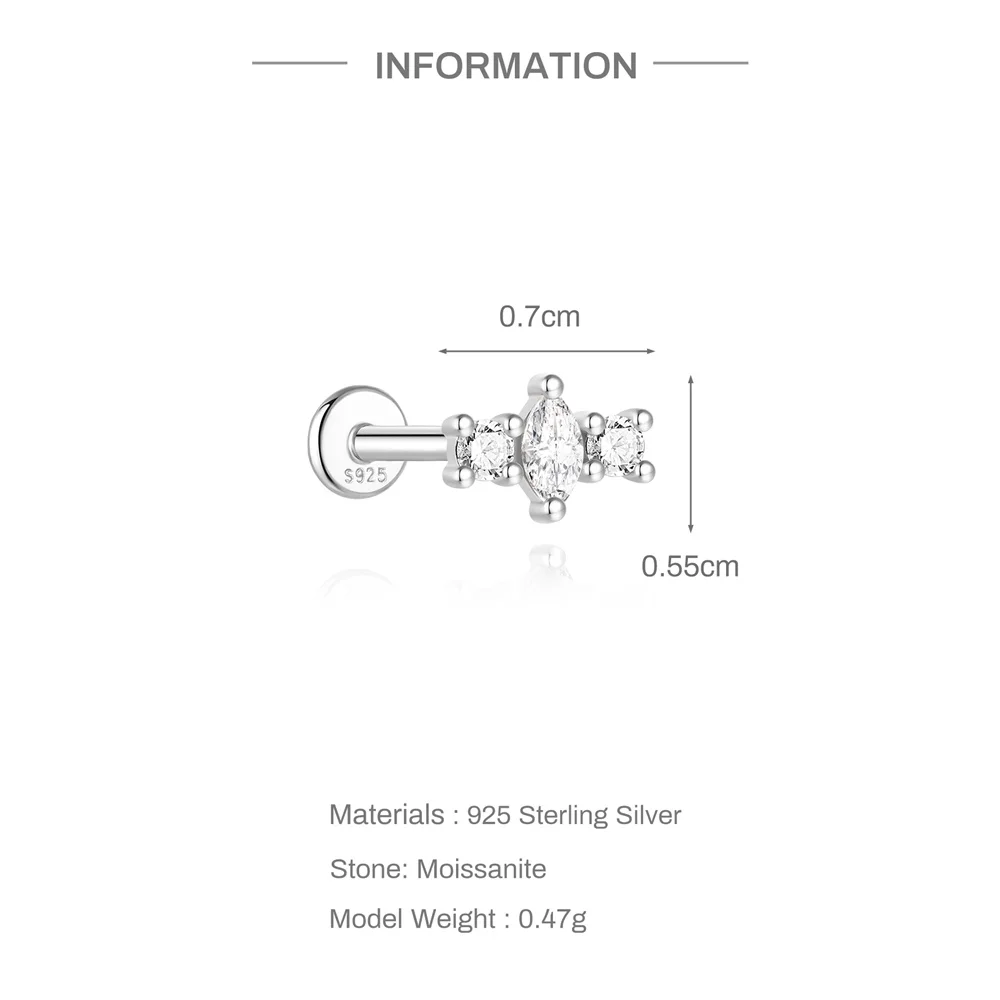 CANNER 1PC White Gold S925 Sterling Silver Single Classic Pear-Shaped Moissanite Ear Bone Piercing Stud For Women