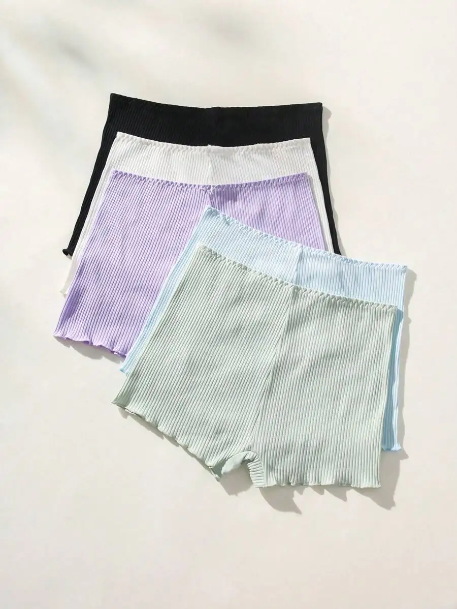 

5 Pieces Solid Color Ribbed Boxer Shorts For Women