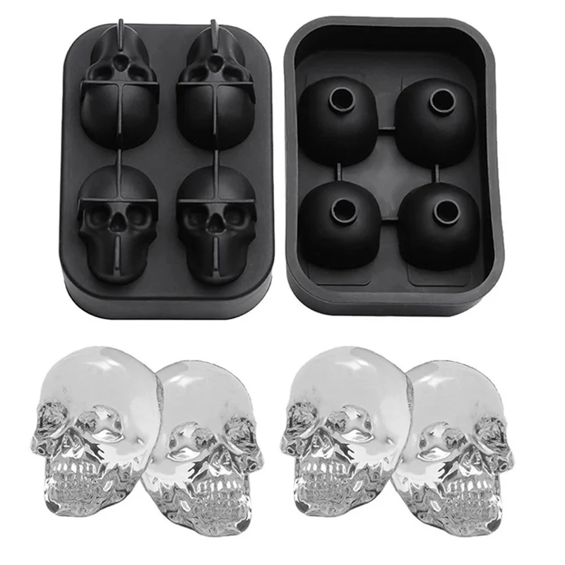 2024 New 3D Skull Ice Cube Tray With Funnel Silicone Flexible 4 Cavity Maker Molds  Cube Maker Ice Cream Tools