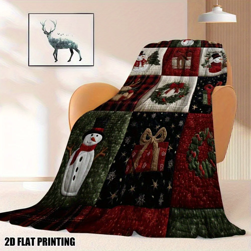 VIKAMA Christmas Quilt Patchwork Fleece Blanket Snowman Wreath Gift Soft Plush Throw Sofa Bed Xmas Holiday Decor