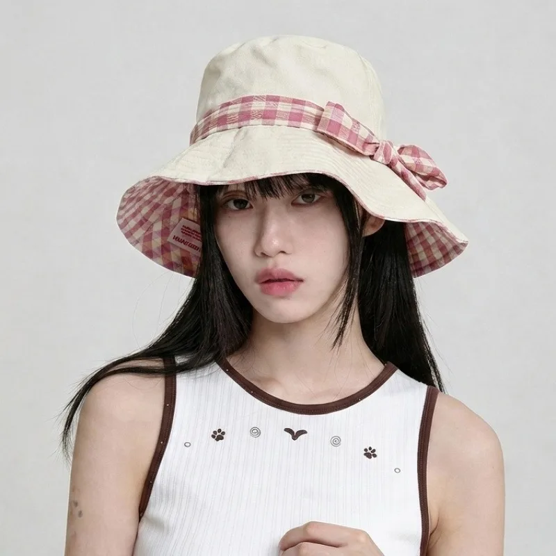 Plaid Bucket Hat Double Sided Reversible Sun Protection For Beach Travel Outdoor Women