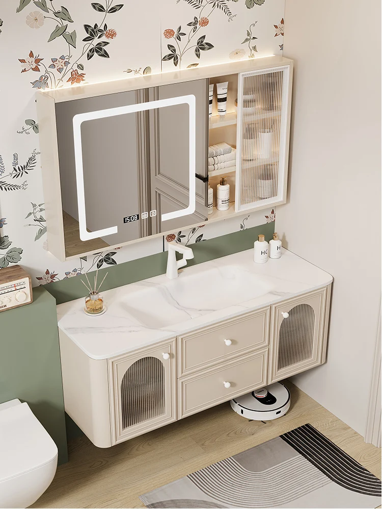 French style cream wind rock board hot bending integrated basin, bathroom cabinet combination, oak washbasin, hand wash basin