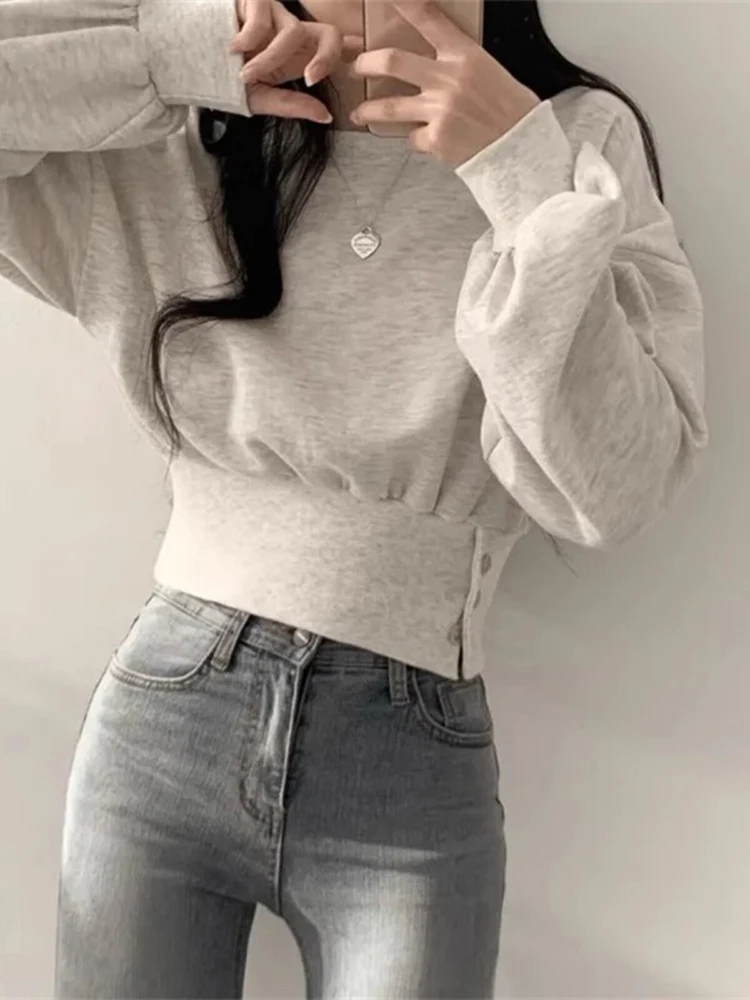 Korean Chic Waist Cinching Button Short Sweatshirt for Women Autumn Casual Long Sleeve Tops Women Solid Color Loose Pullover