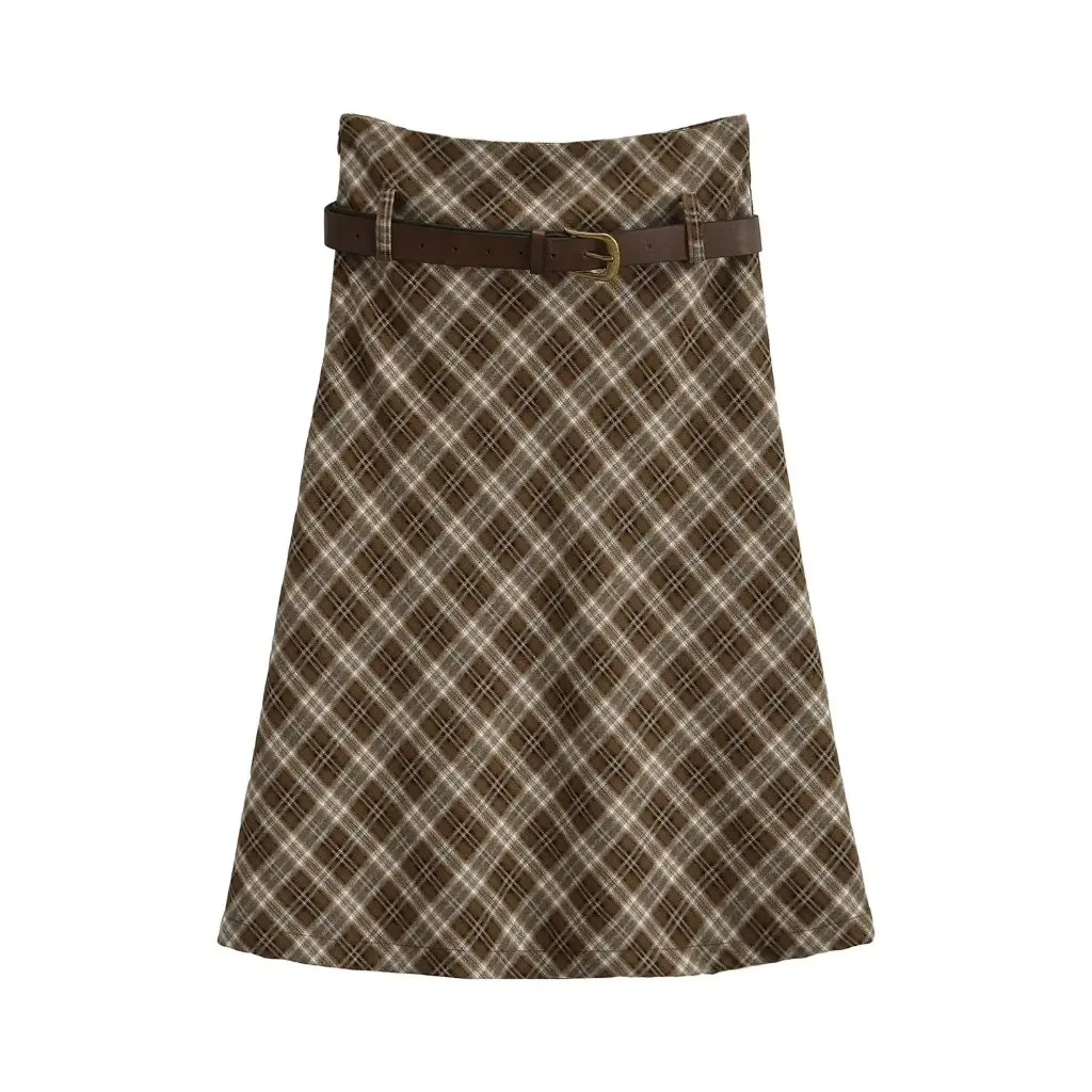 

Women's High Waist Vintage Belt Skirt Slim Fit A-Line mid Skirt Twill Brushed Plaid Winter Fashion Hot Girl Style