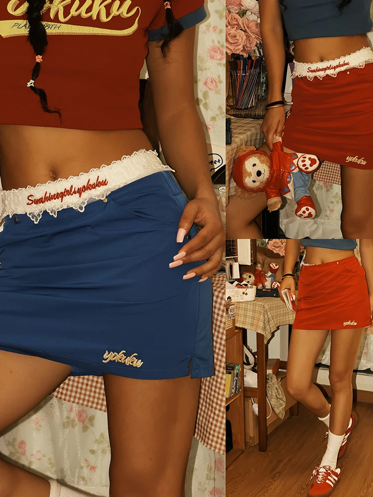

Cool Casual Embroidered Letter A-Line Skirt Women's Anti-Light Short Skirt Girls Polyester Fiber Elastic Waist Skirt