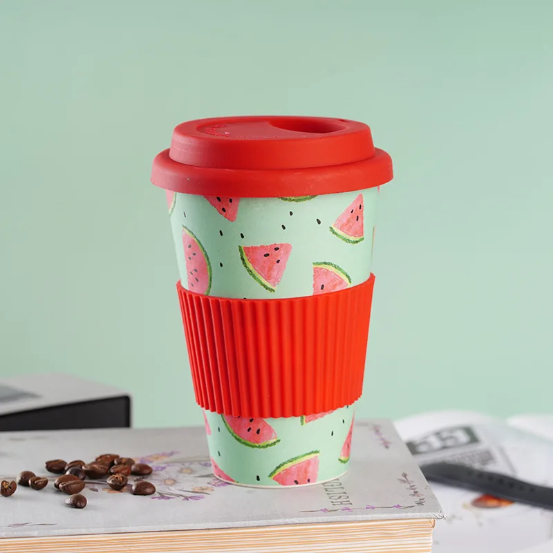 Bamboo Fiber Coffee Cup with Silicone Lid, Biodegradable Breakfast Milk Sticker Cups, Couple Cup, Birthday Gift Kawaii Cup