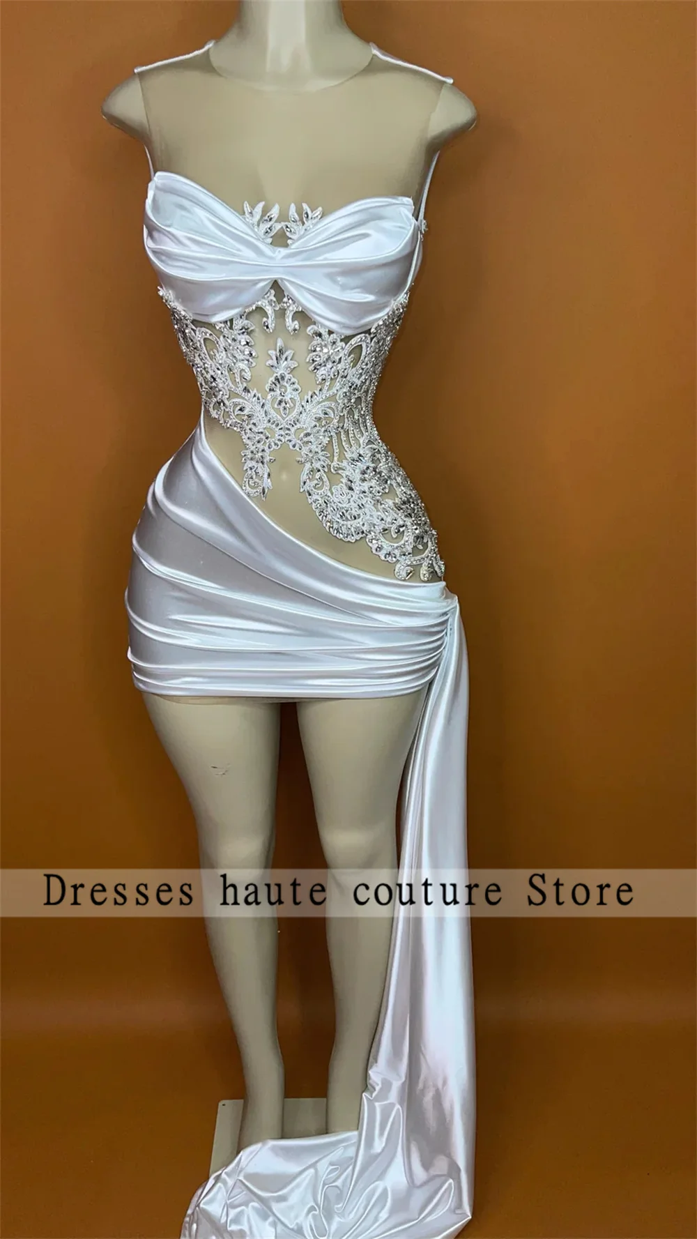 Vestido de fiesta de sirena corto blanco con tren 2025 para niñas negras apliques de cuentas vestidos de cóctel vestido de fiesta personalizado