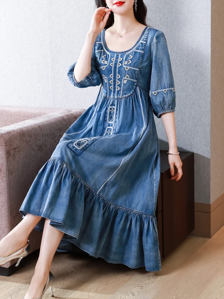 

TIYIHAILEY 2023 New Free Shipping Vintage Women Long Mid-Calf Summer Denim M-2XL Lantern Half Sleeve Embroidery O-Neck Dresses