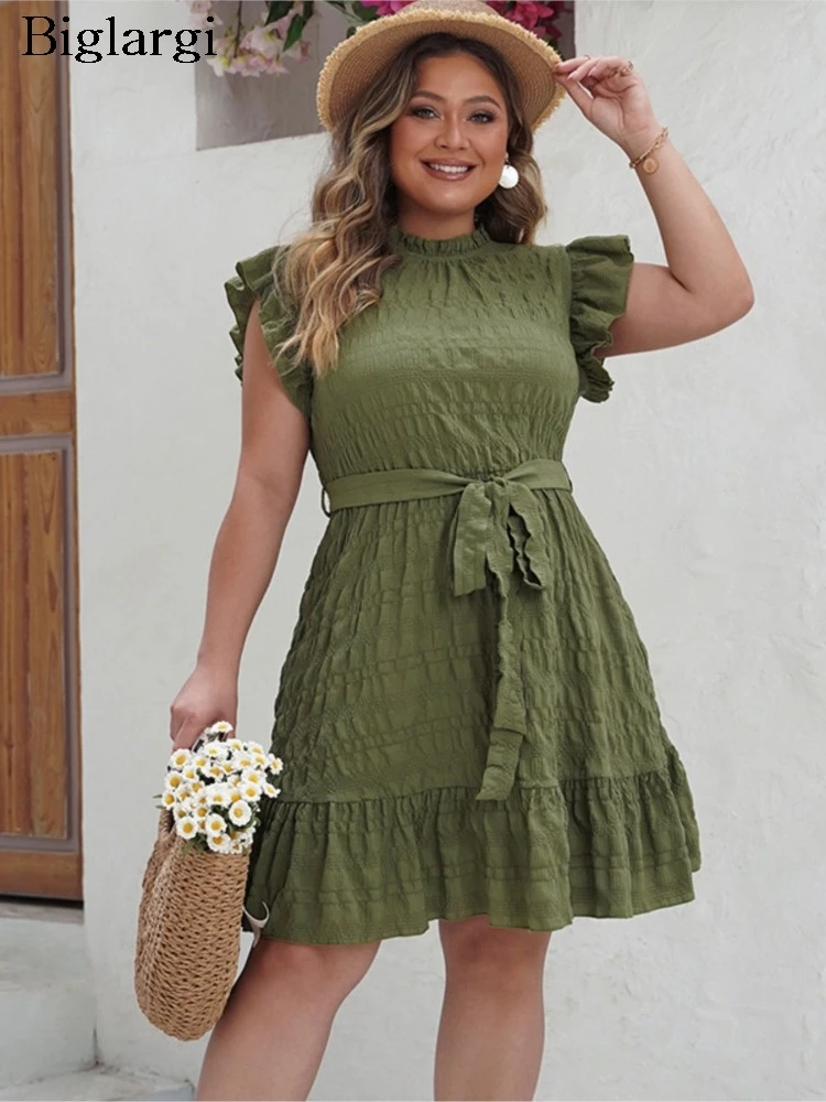 Plus Size Spring Summer Sleeveless Dress Women Elegant Fashion Pleated Ladies Dresses Ruffle Loose Woman Mini Dress