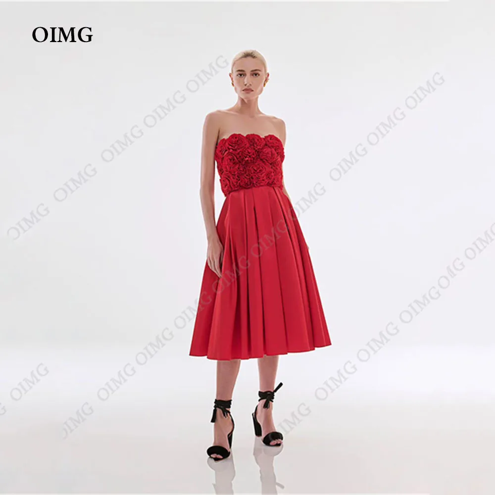 

OIMG Red Flowers Sleeveless Prom Dress Short 2024 Strapless Simple Satin Pageant Evening Dresses Formal Gowns Robe De Soiree