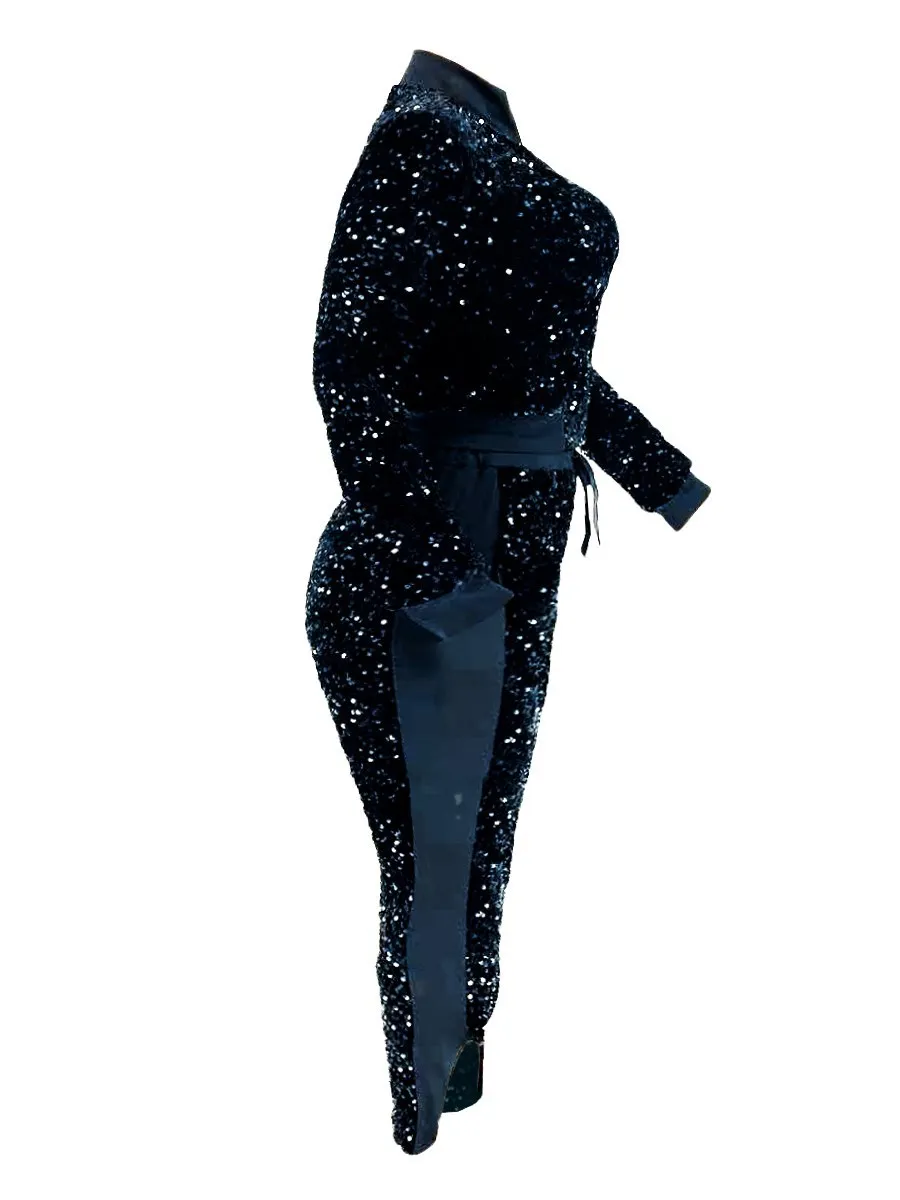 LW – ensemble pantalon à paillettes et fermeture éclair pour femme, tenue de soirée et boîte de nuit, couleur argent, à la mode, grande taille