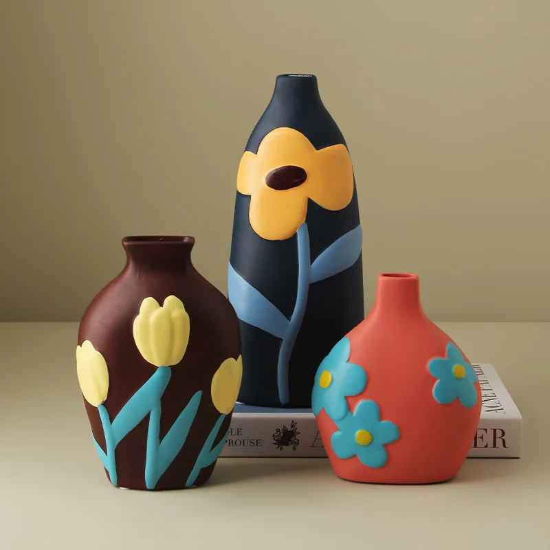 Desktop Ceramic Vase for Living Room, Flower Arrangement, Creative Home Decoration, Morandi Painted Flower Device