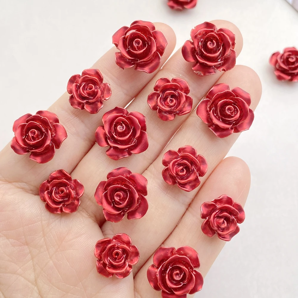 50Pcs Cute Cartoon Mini Red Roses Nail Art Resin Designer Charms DIY Craft For Nail 3D Decorations Jewelry