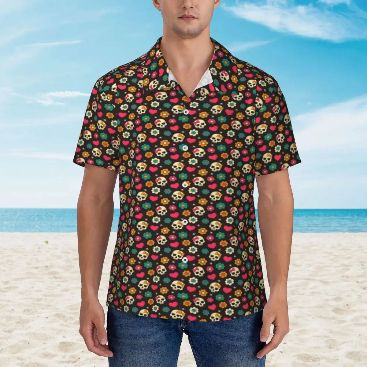 Hawaiian Shirt Beach Sugar Skull Print Blouses Hearts And Flowers Trendy Casual Shirts Mens Short Sleeve Stylish Tops