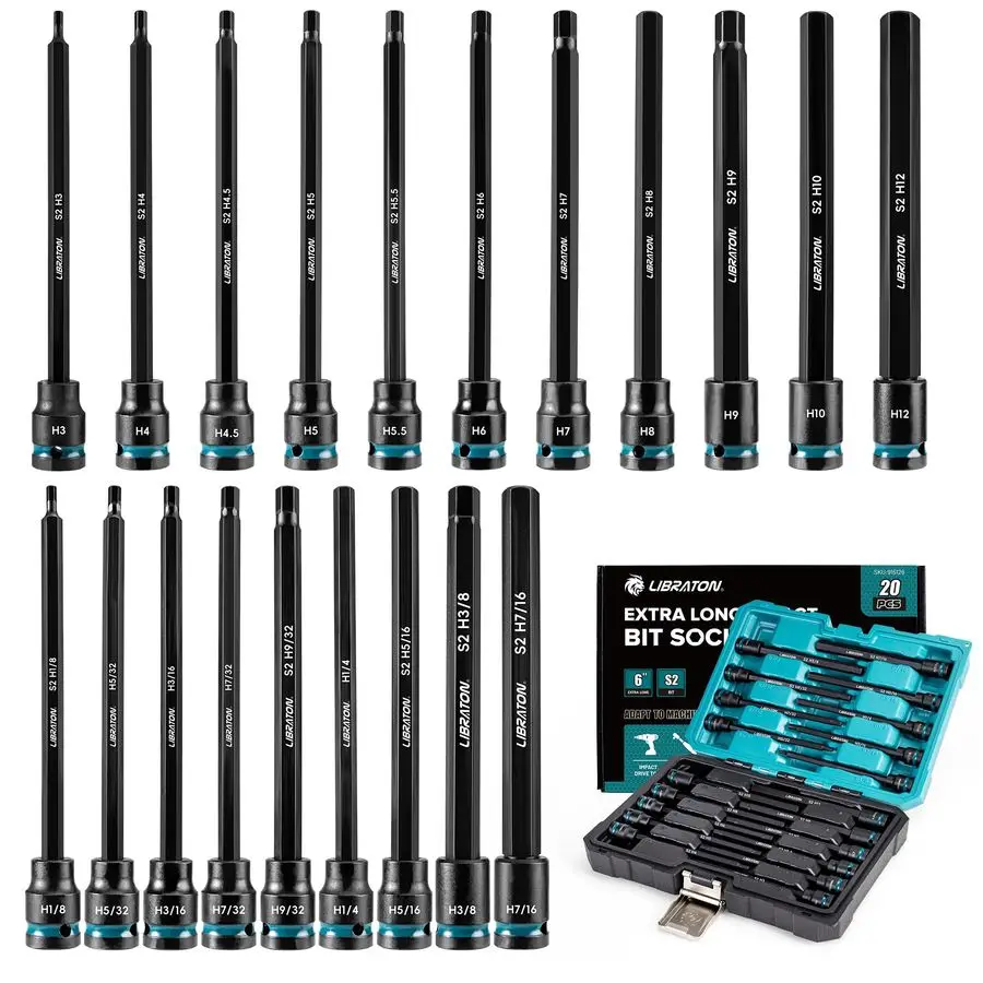 

3 8 Drive Long Impact Hex Bit Socket Set, Allen Bit Sockets, S2 Steel Hex Head Sockets, 20PCS Allen Wrench Socket, SAEampMetric