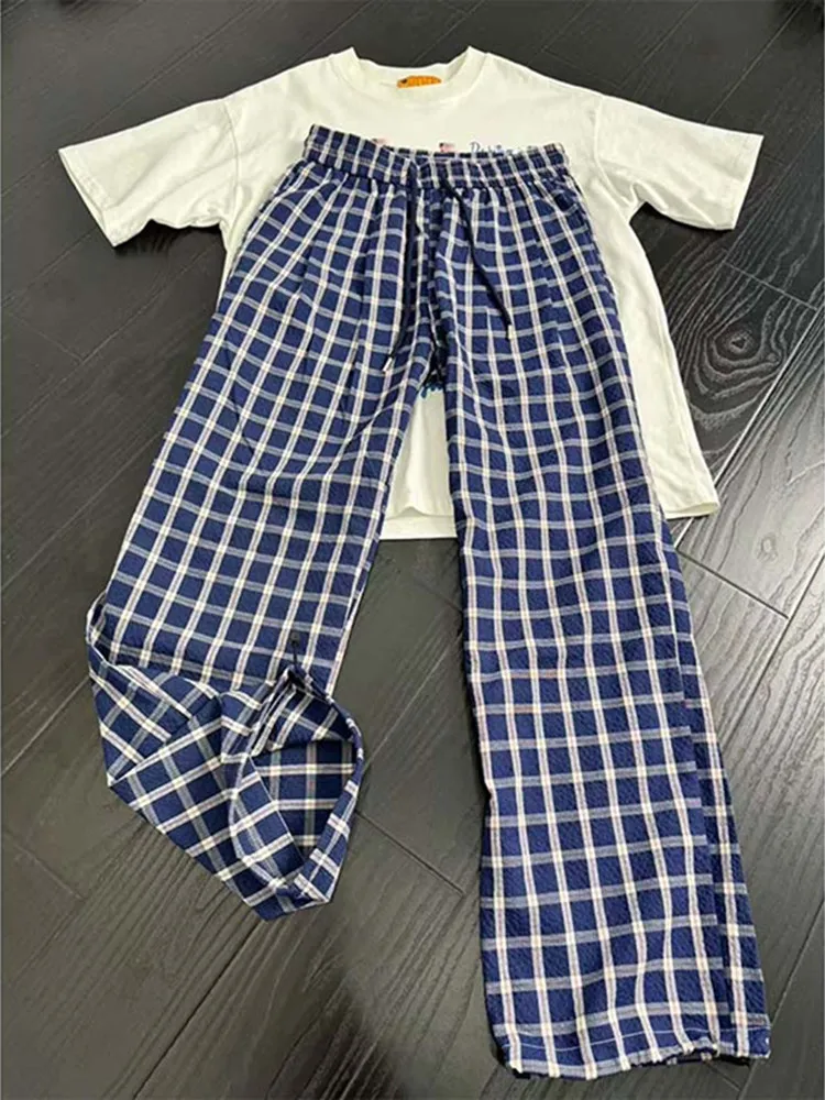 Blue Plaid Bubble Cloth Men's Summer Thin American Wide Leg Pants Straight Casual Trousers Comfortable Loose Fit Daily Wear