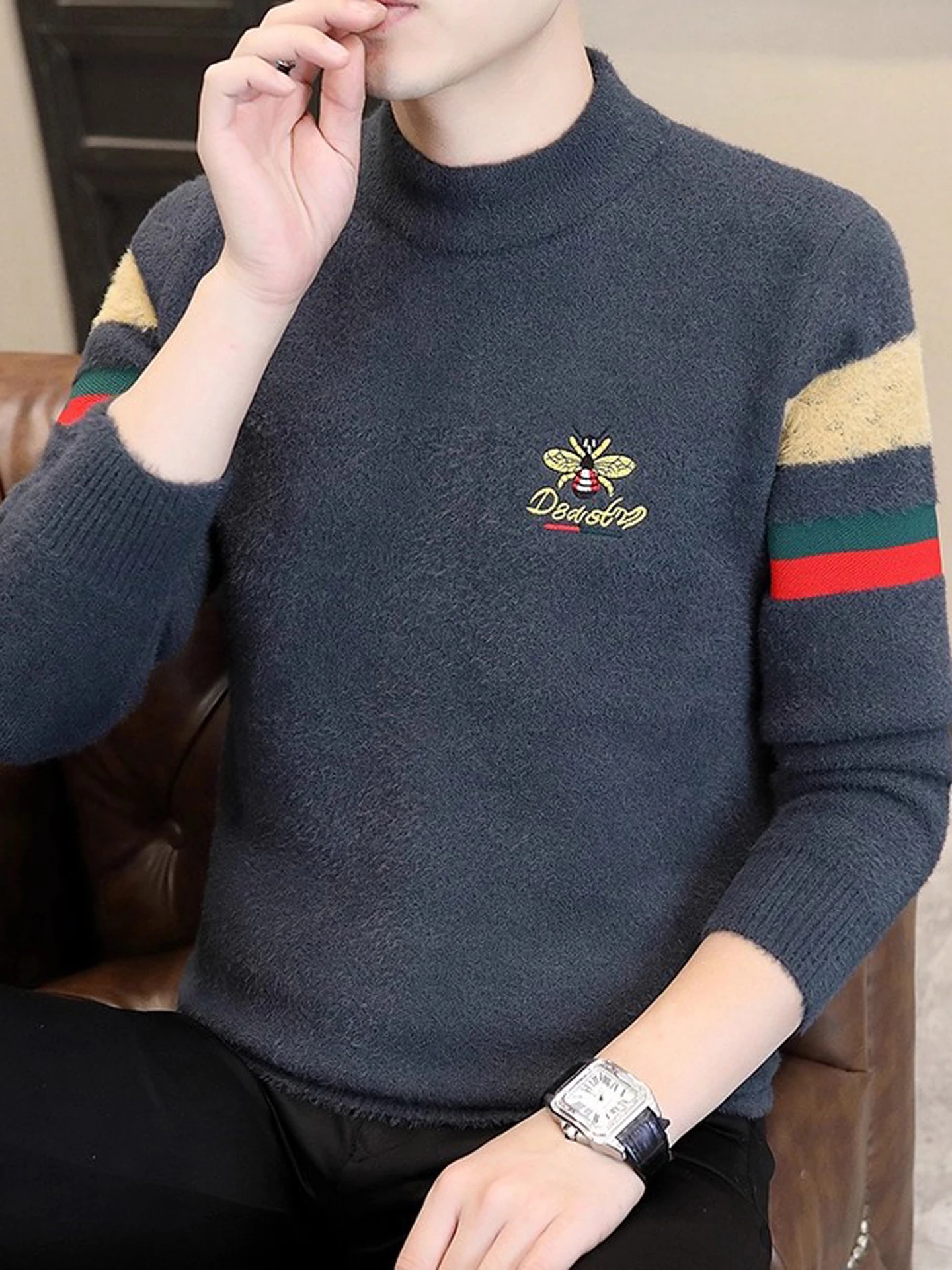 

Мужской шерстяной вязаный свитер Thiened со средним высоким воротником, осень-зима, цветная блузка, молодежный теплый повседневный длинный топ све