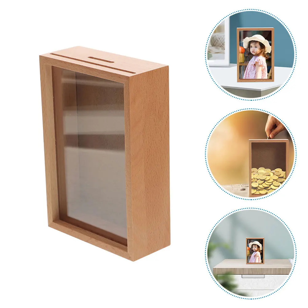 

Piggy Bank Money Saving Jar Wood Box Clear Window Practical Multi-Use Photo Frame Coin Bank Saving Pot Wooden Box