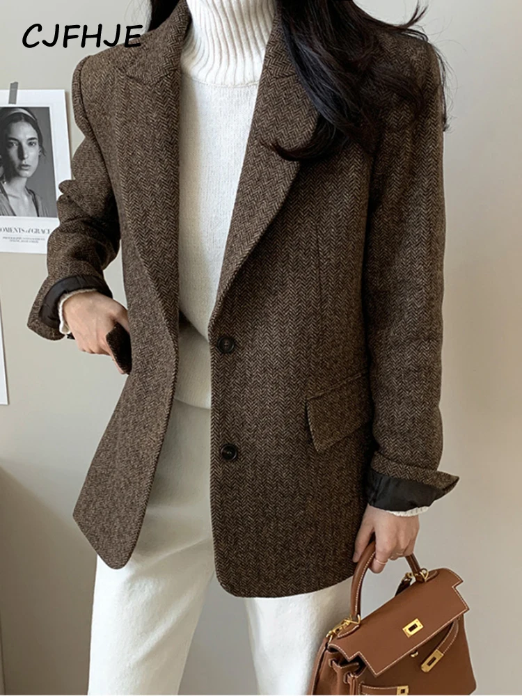 CJFHJE Gray Wool Blazer Women Autumn Winter Single-Breasted Pockets Office Wear Notched Collar Thick Blazers Elegant Lady Jacket