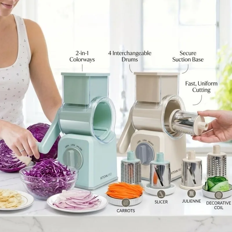 

Manual Rotary Vegetable Grater Slicer with Interchangeable Blades Hand Crank Kitchen Tool for Cheese Veggie Fruit