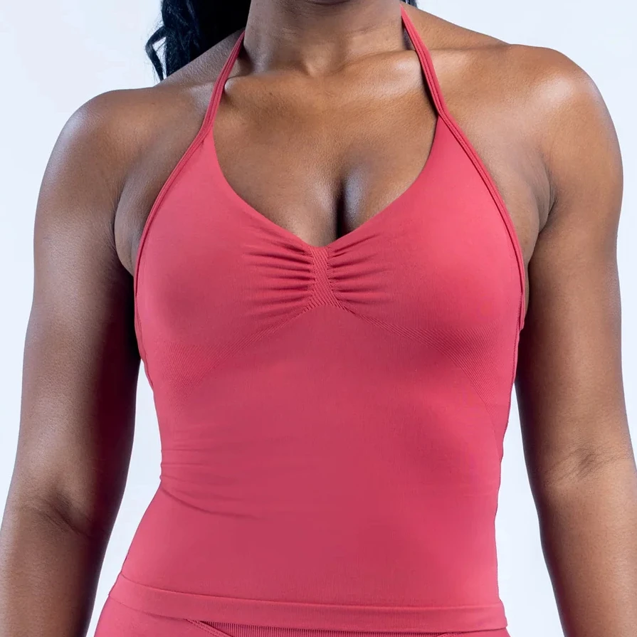 Raspberry Longline Strappy Top Women Sports Bra Seamless Yoga Tank Tops Buit-in Bra Ruched Backless Gym Clothes Workout Top