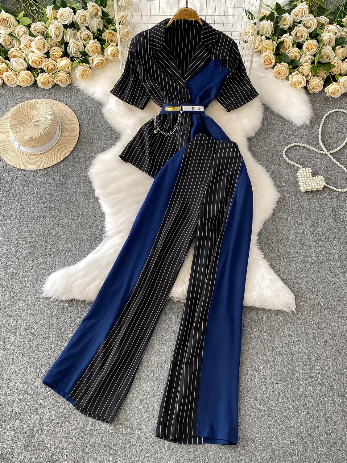

Faionable Denim Patchwork Stripe Suit Jaet irt Waist Cinching High Waist Wide Leg Pants Set Women's Summer Outfits