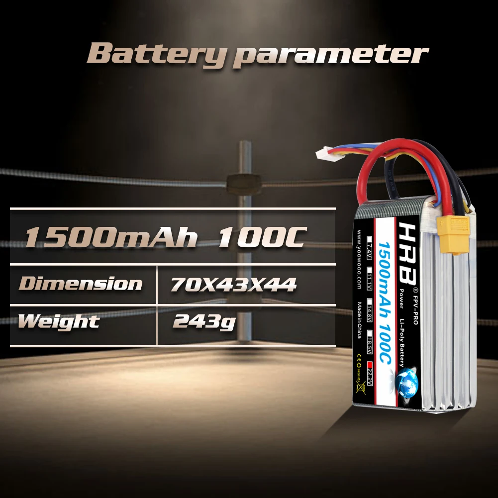 HRB 6S Lipo 22.2V 1500mAh batterie Lipo 100C avec connecteur XT60 pour avion UAU RC hélicoptère Drones RC voiture bateau pièces de bricolage