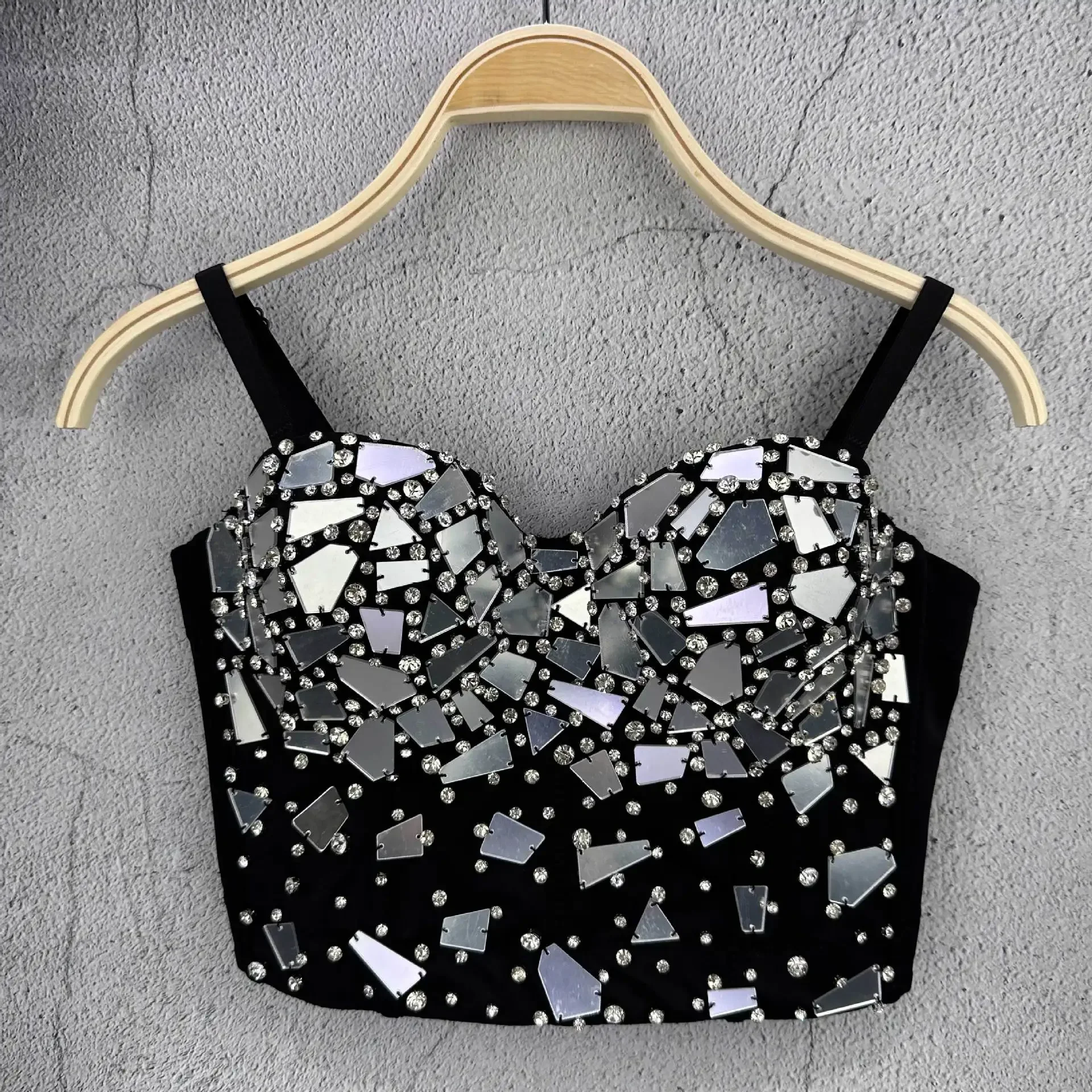Shining Punk Style Heavy Industry Bead Design Black Glass Sequined Sling Vest New Model In Autumn