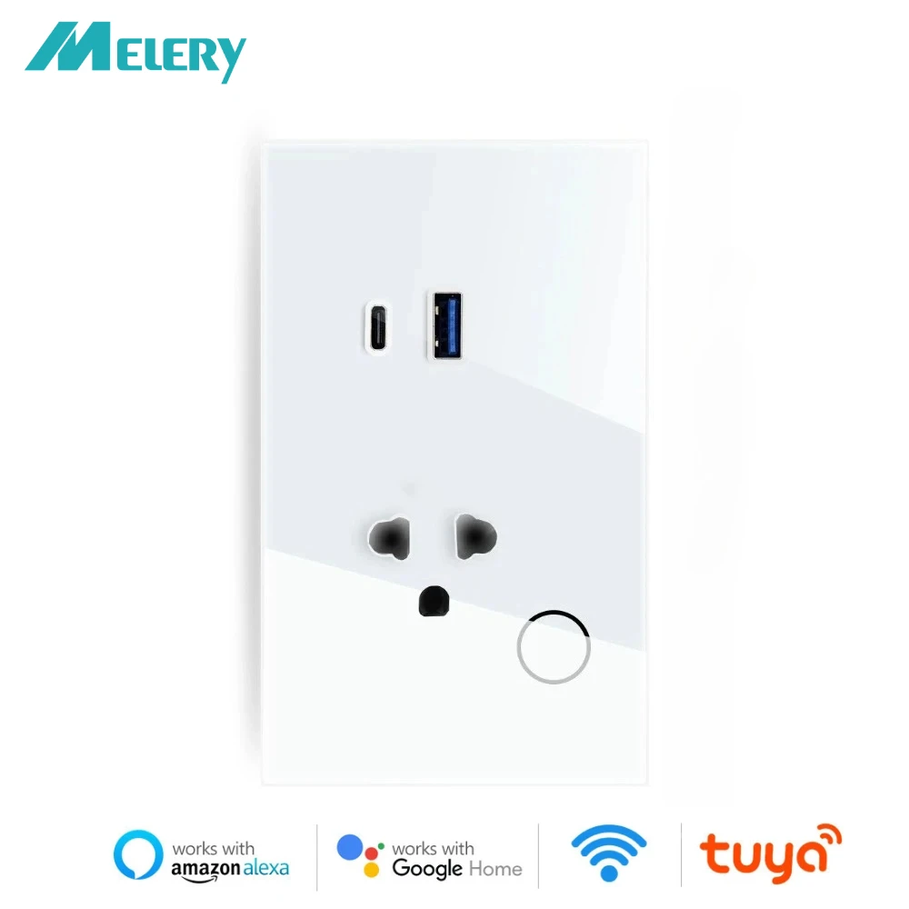 

Melery Таиланд WIFI Настенная розетка USB Type-C PD 30 Вт Tuya Умная розетка Стеклянный сенсорный переключатель Дистанционное управление с помощью Alexa Assistant Google Home