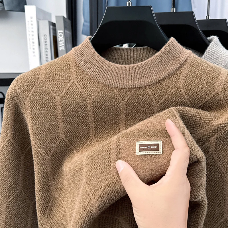 

Winter Men's Sweater with Fleece and Mink Fur for Middle-aged Warmth, Integrated Fleece Base, Embroidered Round Neck Top