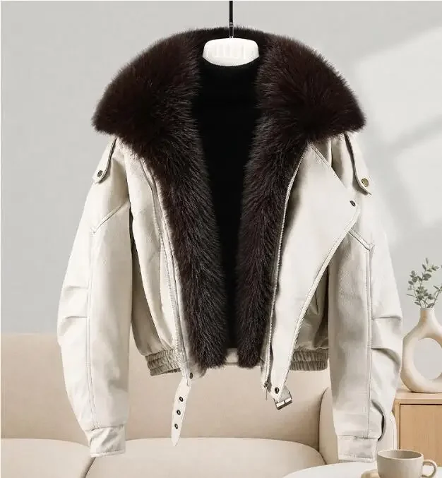 2026 High-quality Leather Jacket New Women's PU Black Leather Coat Winter Fur Collor Short Puffer Parkas Fur Outwear